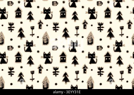 Organic shapes vector seamless pattern with cat, house, flower, trees, Cute linocut textured naive folk art children background, Cutout paper decor Stock Vector