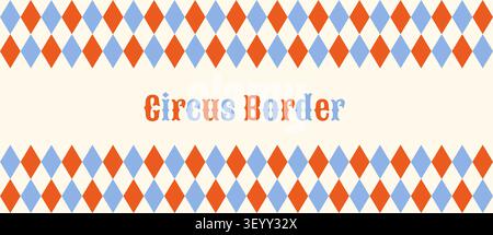 Circus harlequin horizontal border in red and blue colors, Vintage diamond argyle geometric pattern vector banner for carnival fairground events and c Stock Vector