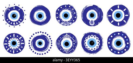 Hand painted vector doodle evil eye set, Greek or Turkish talisman charm, protection symbol illustration Stock Vector