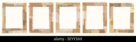 Antique brown vector washi tape scrapbook paper frames with torn edges and hand written unreadable text Stock Vector