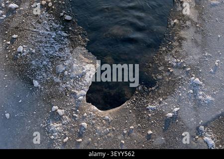 Winter time background of ice cover on a lake with access to water. Stock Photo