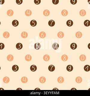 Cute Numbers Seamless Pattern. Kids Educational Hand Drawn Digits on Beige Background. Minimalist Pastel Geometric Circle Continuous Texture For Plann Stock Vector