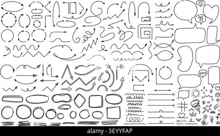 Doodle UI Elements Mega Set. Hand Drawn Arrows And Pointers For Dashboard Design. Minimalist Line art Scribbles, Sketch Symbols, Wireframe Frames With Stock Vector
