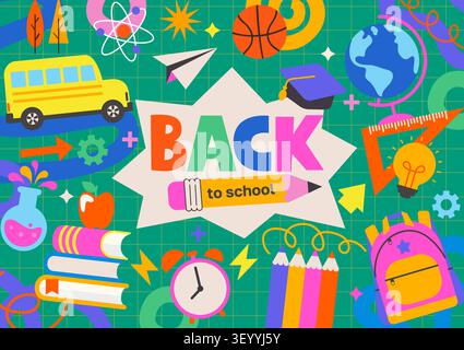 Welcome back to school banner with school stationery elements-pencils,books,globe,clock,accessories for sports and creativity.School education with afterschool activities for kids and children. Vector Stock Vector