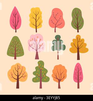 Autumn trees with brightly colored foliage. Fall season botanical set. Big collection of simple hand drawn woods with different shapes and colors. Template of autumn forest. Vector illustration. Stock Vector