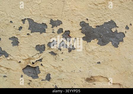Peeling yellow paint on an old weathered grey plaster wall Stock Photo