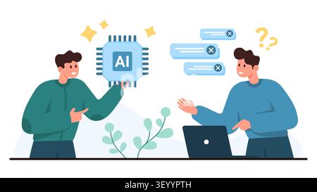 Two men discuss artificial intelligence adoption as one presents an AI chip while the other faces laptop errors and questions, showing digital problem solving in business vector illustration Stock Vector
