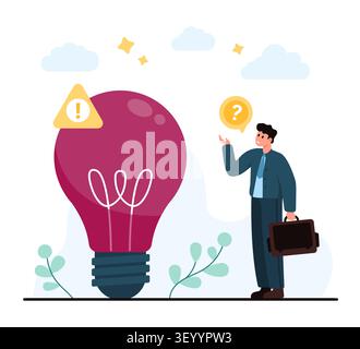 Businessman with briefcase beside oversized light bulb, warning sign and question bubble showing risky thinking, confusion, mistake or poor decision isolated on white background vector illustration Stock Vector