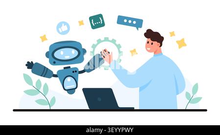 Friendly robot and office worker high five over laptop, showing artificial intelligence support, automation, chat, and workplace cooperation isolated on white background vector illustration Stock Vector