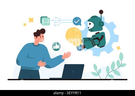 Man using laptop while friendly robot offers bright idea for automation, coding and productivity improvement in modern business process, isolated on white background vector illustration Stock Vector