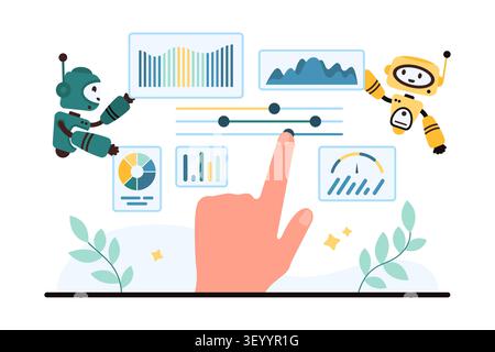 Human hand adjusts analytics controls beside friendly robots, charts, sliders and dashboard panels for artificial intelligence data analysis concept, isolated on white background vector illustration Stock Vector