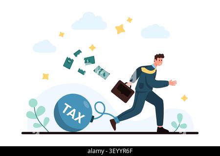 Businessman with briefcase runs from a chained tax ball as money flies away, showing financial pressure, debt, payment stress, and business burden isolated on white background vector illustration Stock Vector