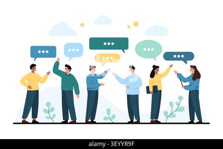 Group of diverse people talking with colorful speech bubbles, showing conversation, teamwork, social interaction and communication concept isolated on white background vector illustration Stock Vector