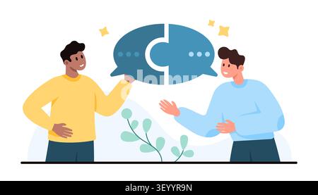 Two men discuss ideas with puzzle speech bubbles, showing teamwork, dialogue and connection in a modern flat scene isolated on white background vector illustration Stock Vector