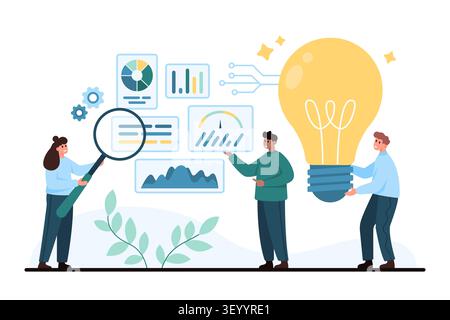 Business team explores analytics dashboards with charts, magnifier and glowing light bulb, showing data analysis, insight, innovation and collaboration isolated on white background vector illustration Stock Vector