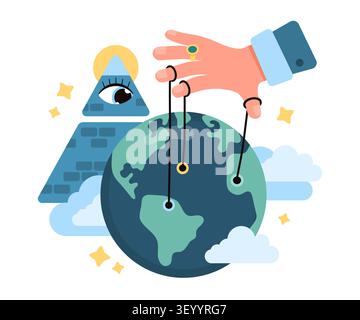 Hand manipulating planet Earth like a puppet beside all seeing pyramid eye, clouds and stars, showing global control, hidden power, conspiracy theory ideas isolated on white vector illustration Stock Vector