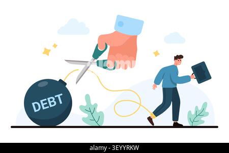 Businessman walks away as giant scissors cut the rope tied to a debt bomb, showing freedom from loans, repayment success, and financial relief isolated on white background vector illustration Stock Vector
