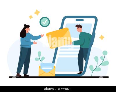 People exchanging digital messages through a smartphone screen with envelope icons, check mark and modern flat interface, isolated on white background vector illustration Stock Vector