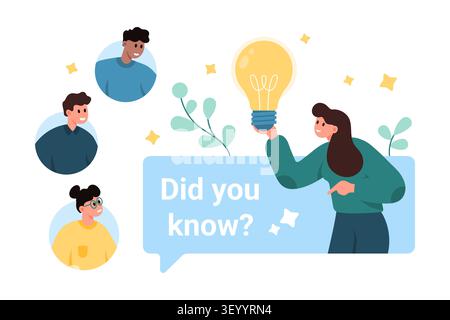 Woman holding glowing light bulb beside did you know text bubble with audience avatars, sharing facts, trivia, knowledge and creative insight, isolated on white background vector illustration Stock Vector