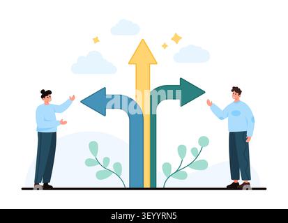 People stand beside branching arrows pointing left right and up, showing direction choice, decision making, navigation, strategy, career path planning isolated on white background vector illustration Stock Vector