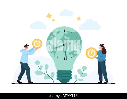 People hold power buttons beside a globe shaped light bulb clock for Earth Hour, showing energy saving, climate awareness, and sustainable action isolated on white background vector illustration Stock Vector