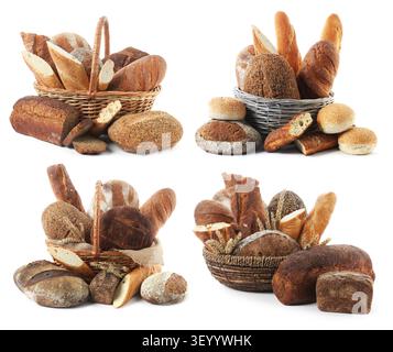 Bread in wicker baskets isolated on white, set Stock Photo