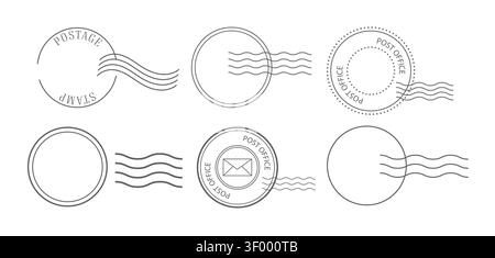 Different simple round postal stamp for envelopes. Set vector template pack isolated on white background. Minimalist design. Stock Vector