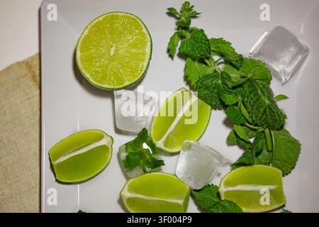 Top view flat lay of fresh sliced green limes, fragrant mint sprigs, and melting ice cubes scattered on a square white plate for summer cocktail prepa Stock Photo