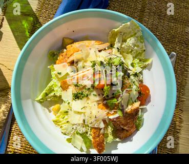Chicken Caesar salad with shaved parmesan cheese & tomatoes in a blue-rimmed bowl Stock Photo