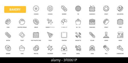 Bakery themed food symbols featuring bread, cake, donut, croissant, muffin, pie and pastry elements for menu, cafe and shop branding red black line icons set vector illustration Stock Vector