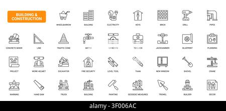 Building construction symbols showing tools, materials, safety, planning and site equipment for architecture, engineering and renovation projects black line icons set vector illustration Stock Vector