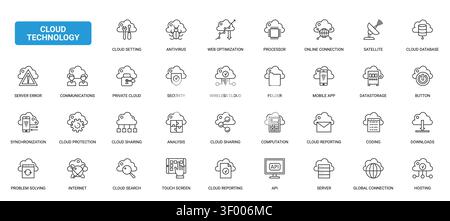 Cloud technology symbols for storage, security, communication, hosting and data transfer in digital infrastructure and online computing systems black line icons set vector illustration Stock Vector