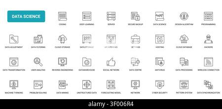 Data science and analytics symbols covering coding, deep learning, storage, security, processing, mining and forecasting workflows black line icons set vector illustration Stock Vector