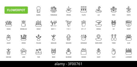 Decorative flowerpots and potted plants for home gardening, indoor greenery, floral decor, cactus, succulents and botanical growth themes black line icons set vector illustration Stock Vector