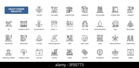 Industrial energy and extraction symbols covering mining, oil, gas, electricity, metallurgy, transport and utility infrastructure black line icons set vector illustration Stock Vector