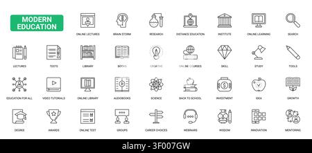 Educational symbols for online learning, lectures, research, library study, science, mentoring and academic growth across digital teaching platforms black line icons set vector illustration Stock Vector