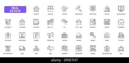Real estate symbols covering property search, home services, contracts, finance, moving, utilities and residential amenities for housing projects black line icons set vector illustration Stock Vector