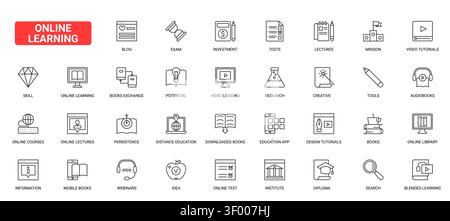 Online education symbols for e learning platforms, virtual classes, exams, webinars, tutorials and digital study resources black line icons set vector illustration Stock Vector