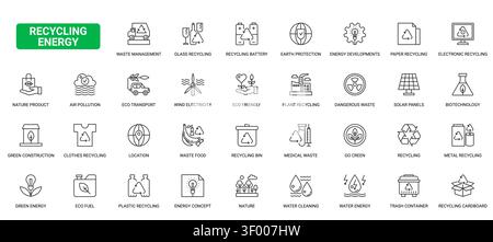 Recycling energy and environmental sustainability symbols covering waste sorting, renewable power, eco transport, water care and green industry black line icons set vector illustration Stock Vector