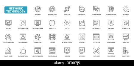 Network technology symbols for internet connectivity, data transfer, cloud computing, servers, security, monitoring and digital infrastructure workflows black line icons set vector illustration Stock Vector