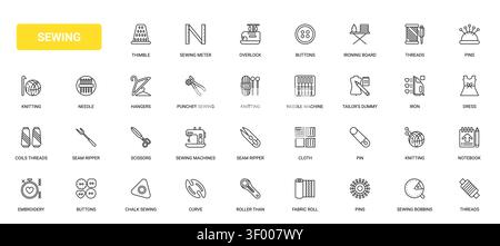 Sewing and tailoring equipment symbols featuring needles, scissors, buttons, thread, fabric and machine tools for garment craft and textile work black line icons set vector illustration Stock Vector