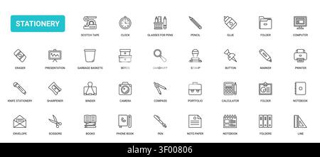 Stationery and office supply symbols showing writing tools, folders, books, calculator, printer and desk essentials for school or workplace use black line icons set vector illustration Stock Vector