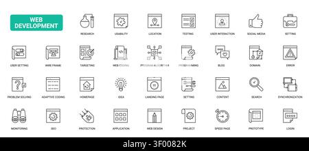 Web development and coding workflow symbols covering programming, testing, usability, search, login, content and interface planning for digital products black line icons set vector illustration Stock Vector