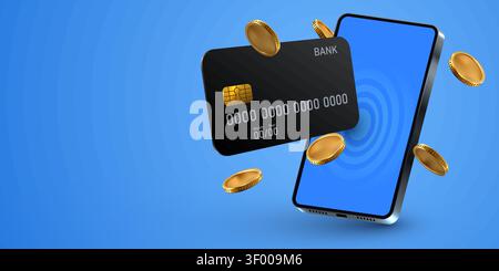 Online payment concept with smartphone and credit card. Mobile banking app transaction concept. Vector illustration Stock Vector