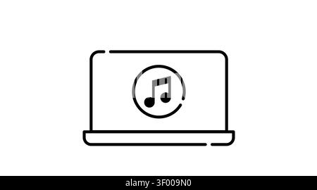 Laptop music and audio icon: portable notebook computer displaying digital musical note symbol on screen, minimalist black line art vector illustratio Stock Vector