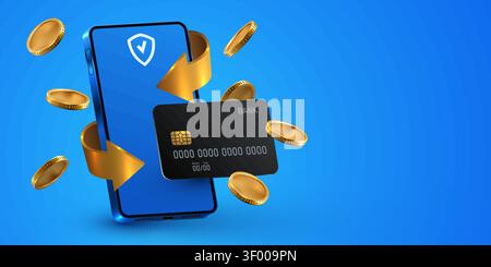 Mobile banking and digital payment concept with smartphone, credit card and floating coins. Vector illustration Stock Vector