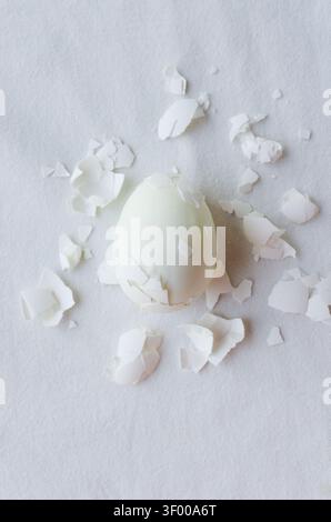 A peeled boiled egg on a white background, surrounded by shell fragments. The moment of transformation of the product and the contrast between the egg Stock Photo