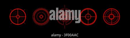 Futuristic HUD target interface with circular radar display, abstract vector set of icons isolated on black background. High-tech neon red graphic elements for sci-fi games, military system Stock Vector