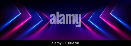 Neon red and blue arrows podium with futuristic led lights, abstract vector background. Perspective view tunnel, dynamic casino game stage backdrop for product display in dark club interior Stock Vector