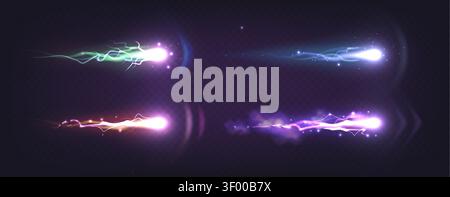 Realistic laser gun effects with neon energy beams and plasma blasts, vector illustrations isolated on transparent. Vector game design elements, power light trails, lightning sparks and power shots Stock Vector
